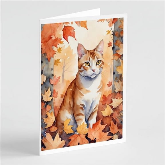Carolines Treasures DAC7184GCA7P 5 x 7 in. Ural Rex Cat in Fall Leaves Greeting Cards - Pack of 8