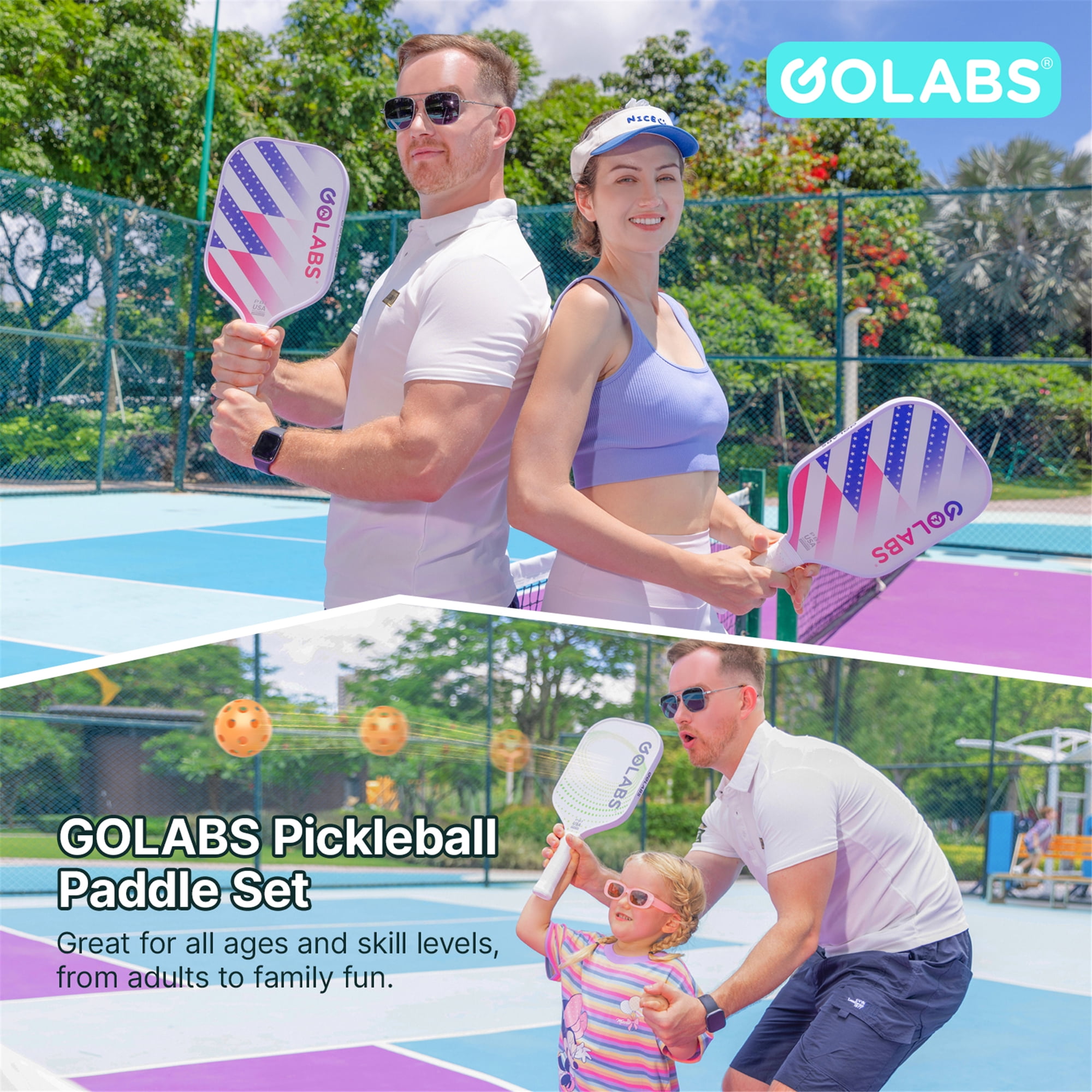 Golabs PB1 Pickleball Paddles Set, Durable Fiberglass Surface Paddles with 4 Balls for All Levels Adult & Beginner, Pink