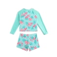 thumbnail image 3 of Huowey Girls Stylish Two Piece Swimwear Rash Guard Long Sleeve Raglan Sleeve Crewneck Tops Fashionable Swimsuit Floral Print Shorts Comfortable Fit Swimming Beach Pool Swimsuits,Green,12-13 Years, 3 of 6