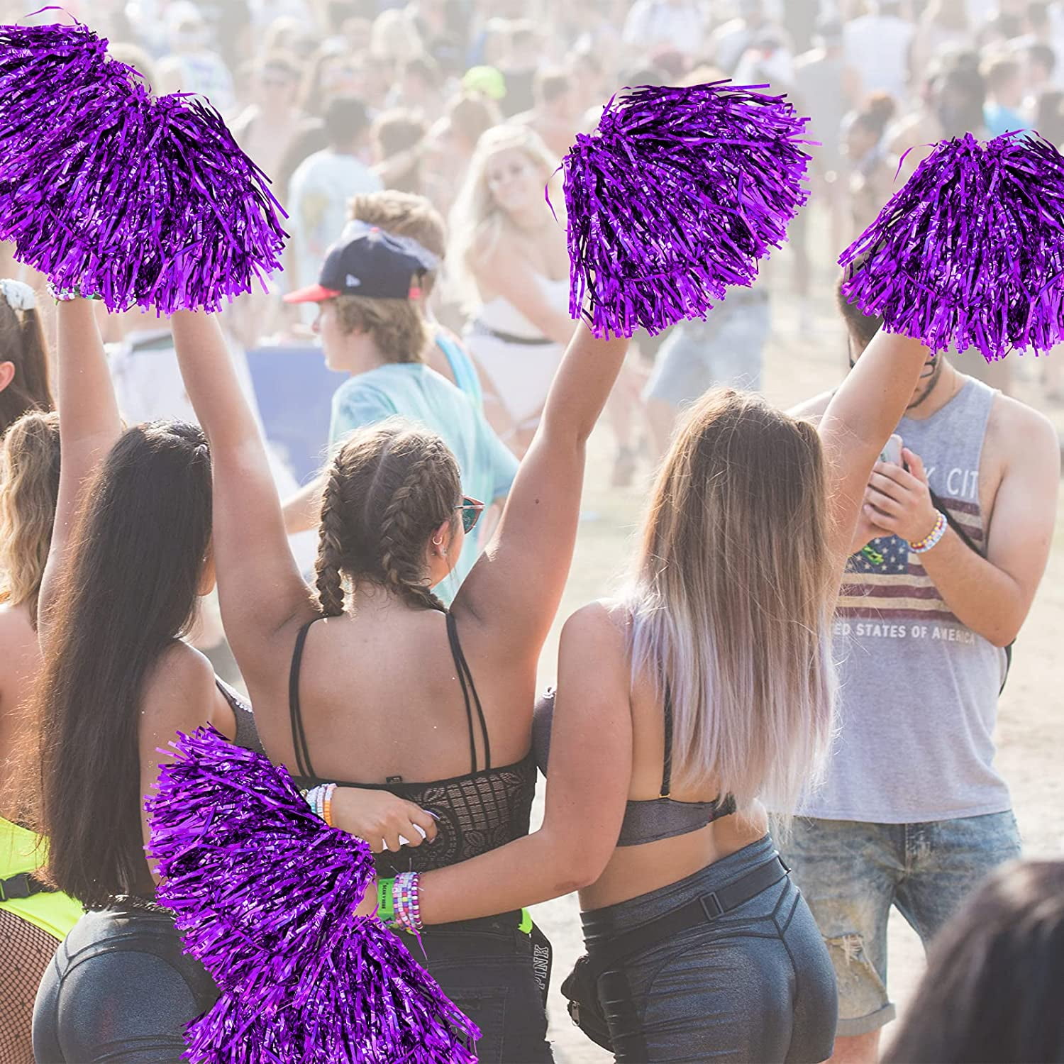 LINLIN 12Pcs Metallic Cheerleading Pom Poms with Cozy Handle, Adorable Cheerleader Pompoms Hand Flowers for Kids Adults Ball Dance Sports Team Spirit Cheering Fancy Dress Night Party