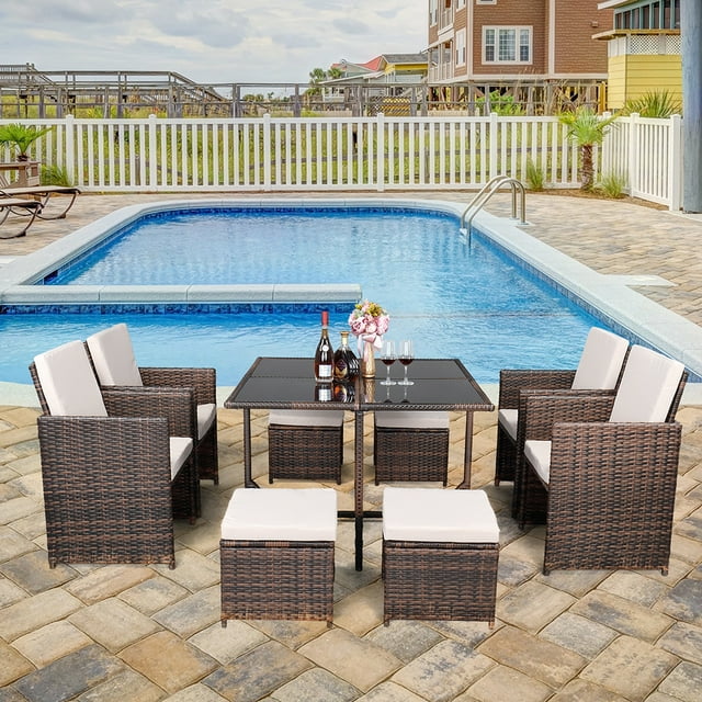 Patio Conversation Set, 9 Piece Outdoor Furniture Sets with 4 PE Wicker Chairs, 4 Stools, Dining Table, All-Weather Rattan Outdoor Patio Dining Set with Cushions for Backyard, Lawn, Garden, LLL133
