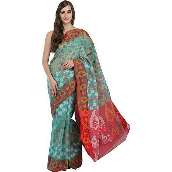 Exotic India Turquoise and Red Jamdani Sari from Bangladesh with Floral - Green