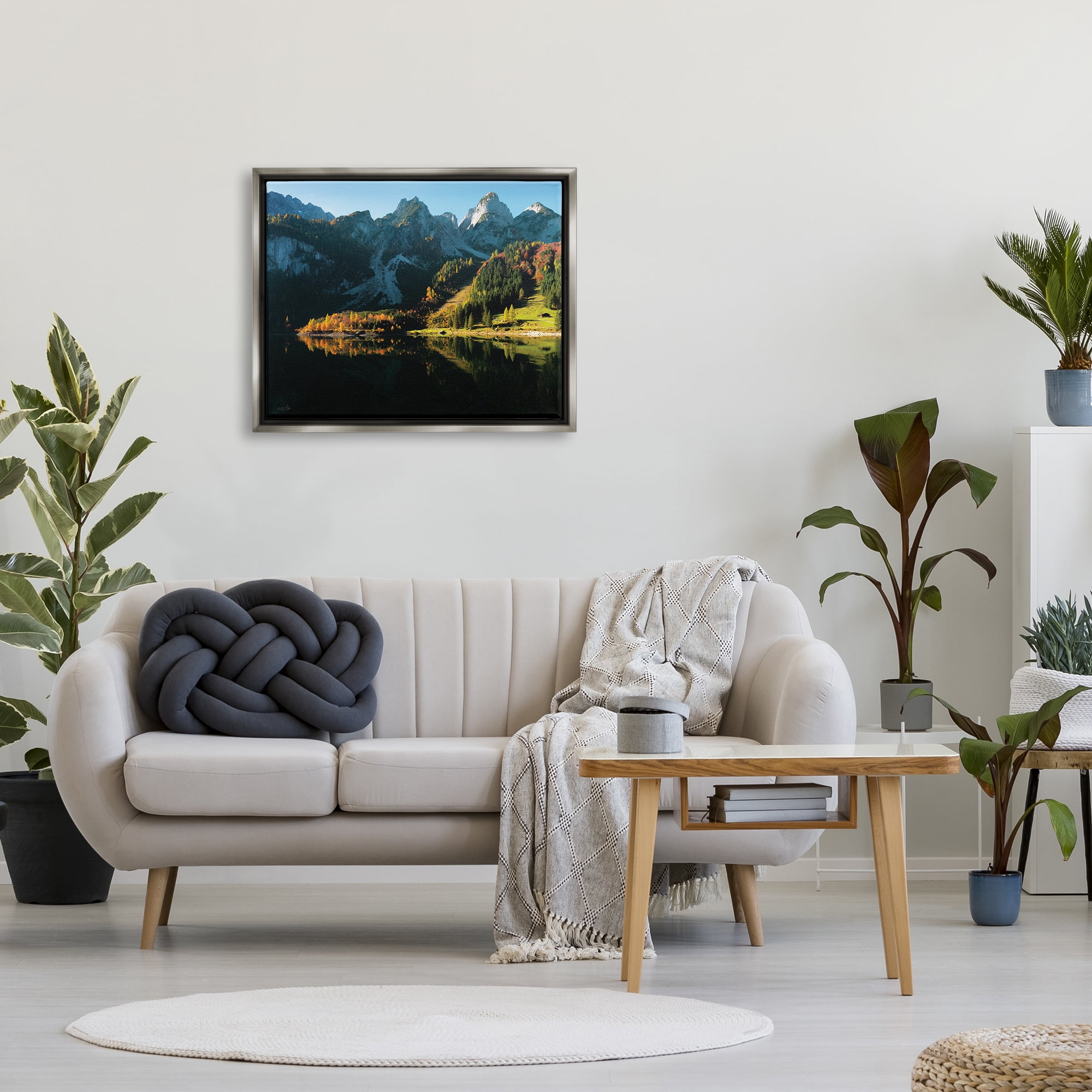 Stupell Autumn Foliage Mountain Lake Landscape Photography Gray Floater Framed Art Print Wall Art