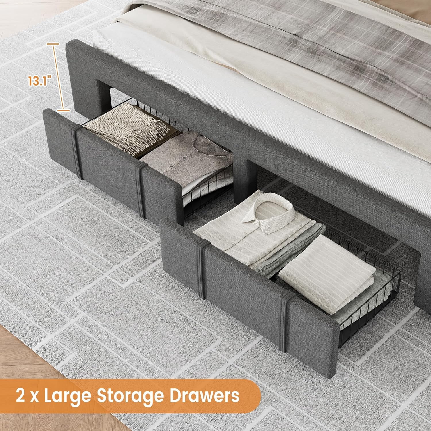 Full/Queen/King Size Bed Frame 2 Storage Drawers,Modren Upholstered Platform Bed Frame with Solid Wooden Slats Supports,No Box Spring Needed