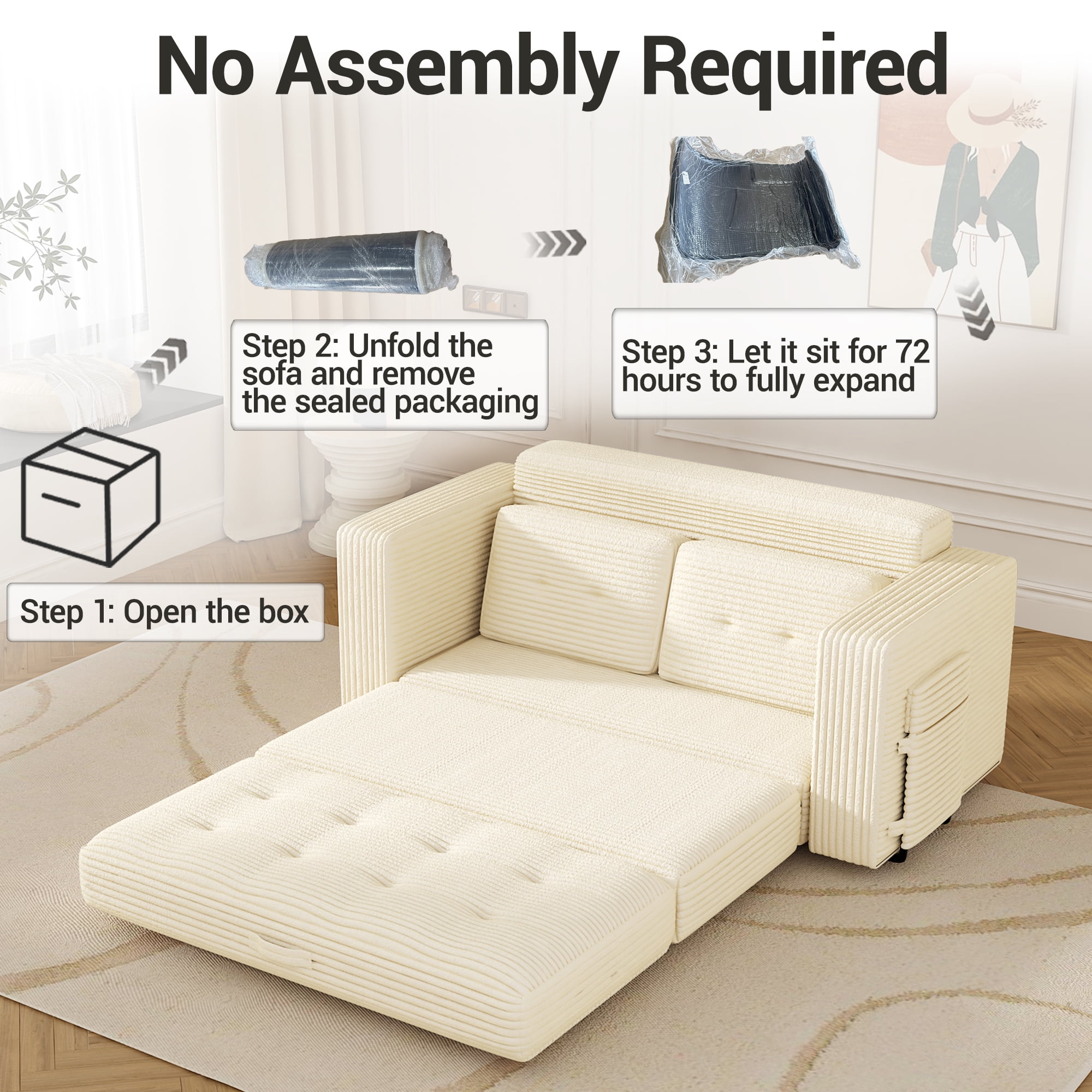 WENTUM Pull Out Loveseat Boneless Couch,Sleeper Sofa, Folding Couch Bed with Pillow for Living Room Bedroom, Beige