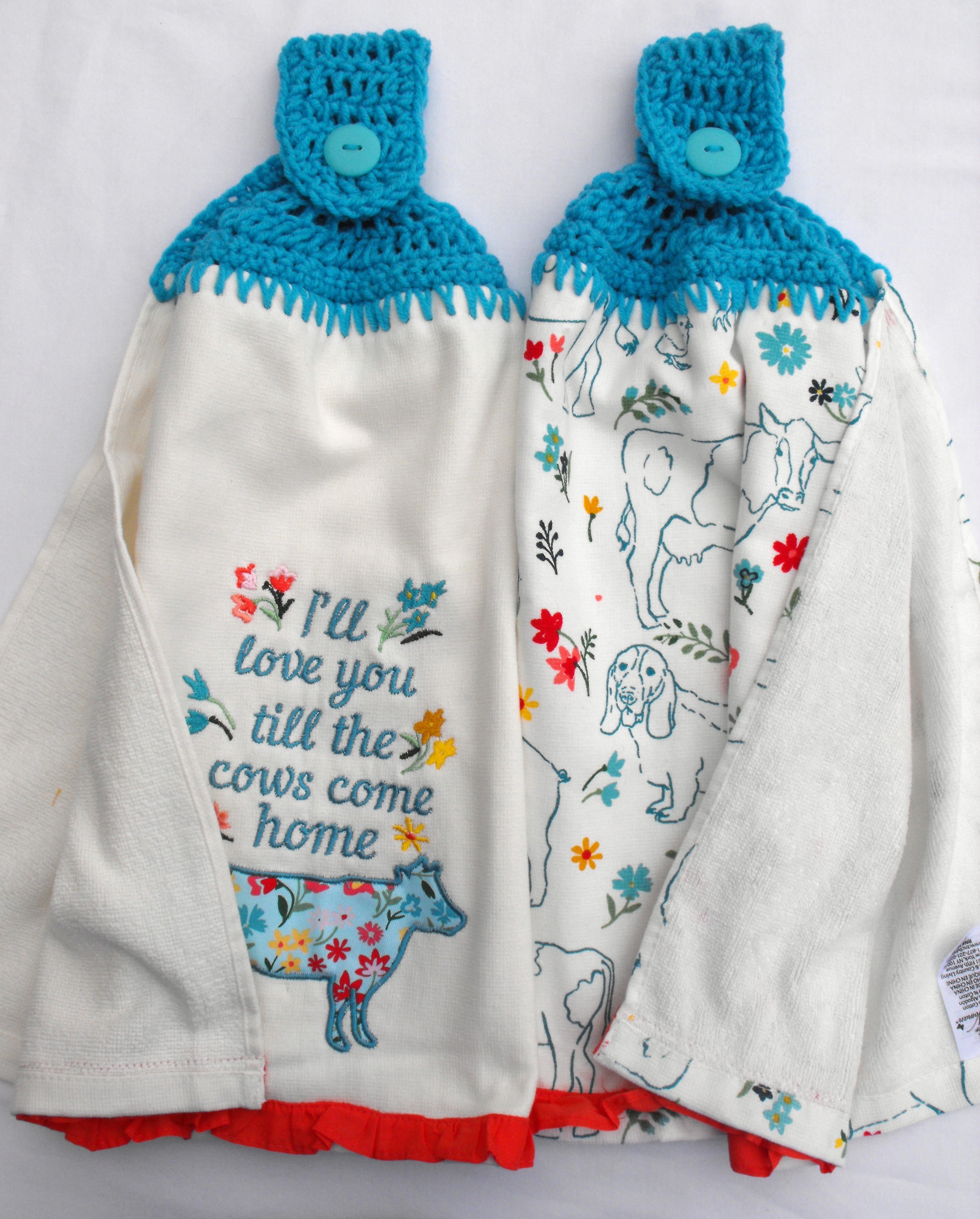 PIONEER CHARLIE - COWS - 2 HANDMADE CROCHET TOP HANGING KITCHEN TOWELS
