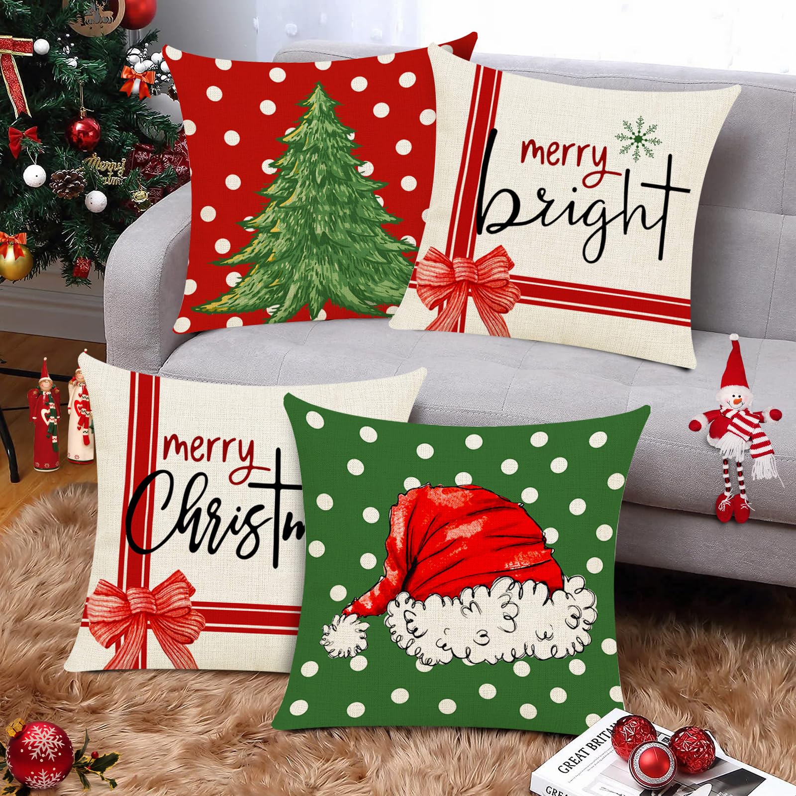 Qoosea Christmas Pillow Covers 18x18 Set of 4 Cute Xmas Tree Santa Graphic Throw Pillow Cases Linen Cushion Cover Christmas Decorations for Home Bed Couch