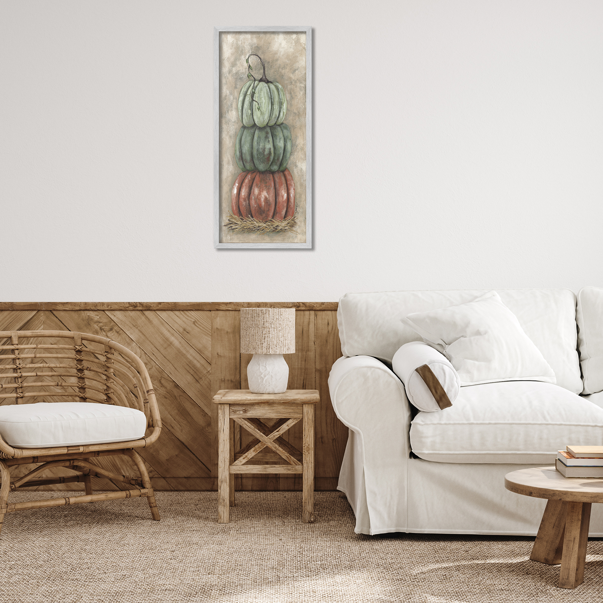 Stupell Industries Stacked Rustic Pumpkins Botanical & Floral Painting Gray Framed Art Print Wall Art, 13 x 30
