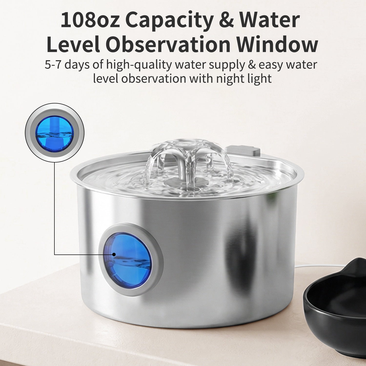 Beteliva Stainless Steel Cat Water Fountain, 108oz/3.2L Automatic Pet Water Dispenser for Cats and Dogs with Replacement Filters