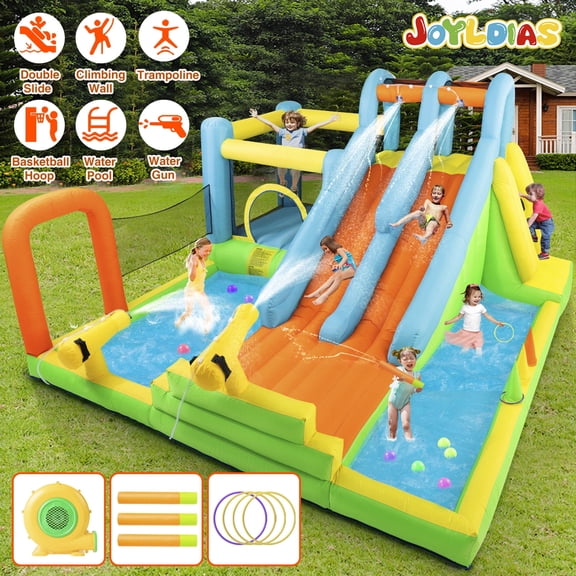 JOYLDIAS Kids Inflatable Water Slide Giant Water Park Bounce House Castle with 2 Slides, 3 Water Guns, Splash Pool, Trampoline, Climbing Wall, Ring Toss, Air Blower
