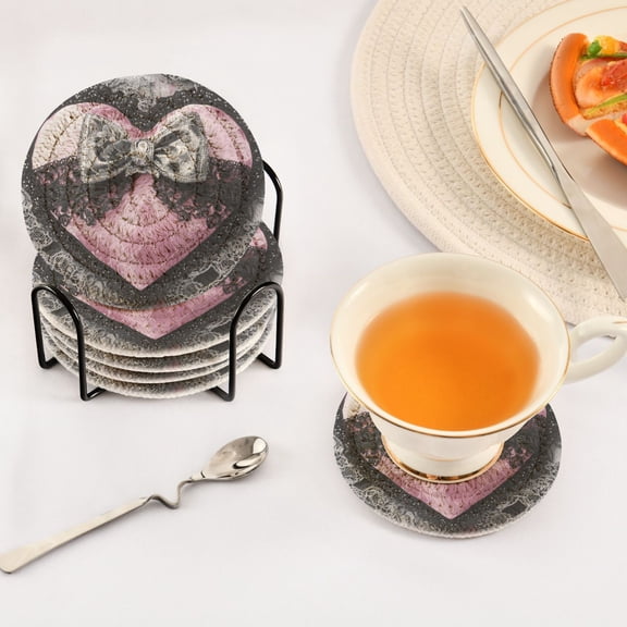 BZSMCE 6Pcs Drink Coasters With Holder 3.94Inch Heart with Lace and Bow Creative Coil Coaster Coasters Colors Absorbent Coasters for Drinks Coasters Set Thicken Heat for Home Table