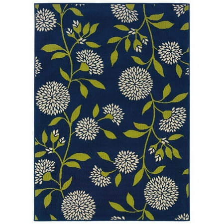 rug pom pom blue 8327L Caspian  Patio Rug Floral Area  Vines Poms Pom Rugs Outdoor Blue