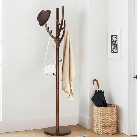 WOOW DEPOT Large Wood Coat Rack Heavy Duty Freestanding Clothes Hanger Stand w/ Stable Base & 12 Tree Branch Hooks for Corner Entryway Hallway Bedroom