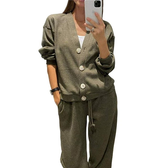 Conjunto Deportivo de Dos Piezas para Mujer: Top de Larga con Cuello en V y Botones, y Pantalones Deportivos. Conjunto Moderno para Otoño e Invierno. Verde L