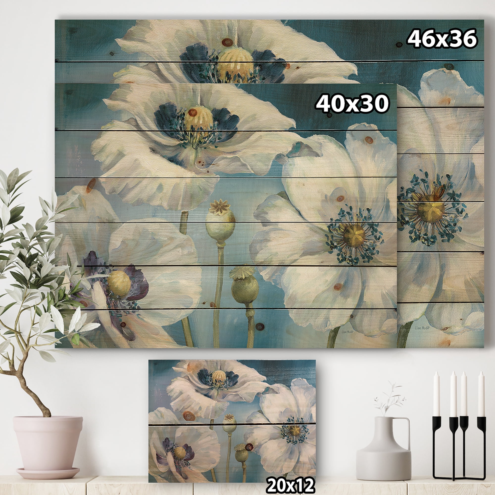 Designart 'Close Up White Flower on Blue III' Farmhouse Print on Natural Pine Wood