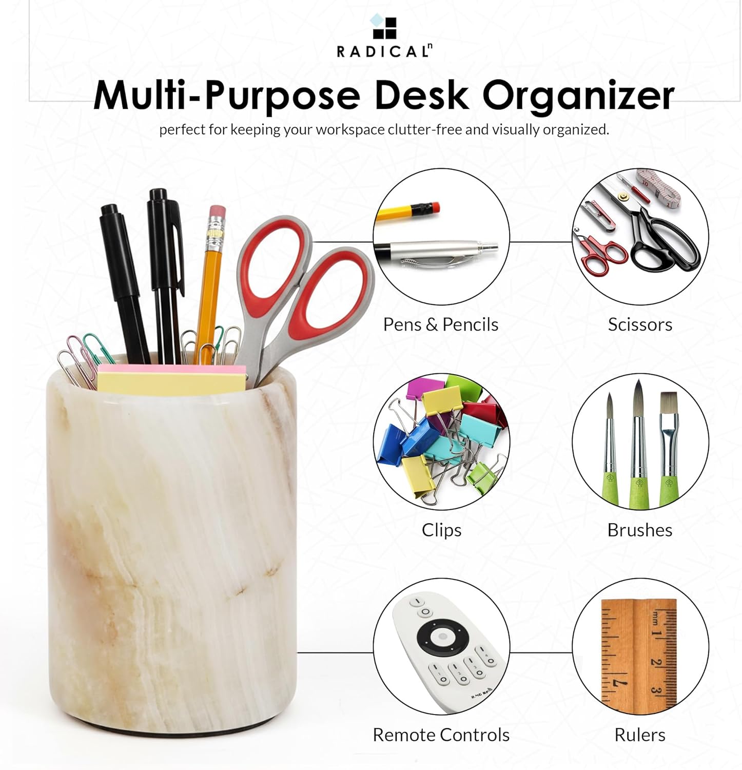 Radicaln White Onyx Marble Stationary Holder 4" – Pen Cup for Desk, Makeup Brush Organizer, Toothbrush Holder, Pencil Storage, Office Supplies & Home Décor