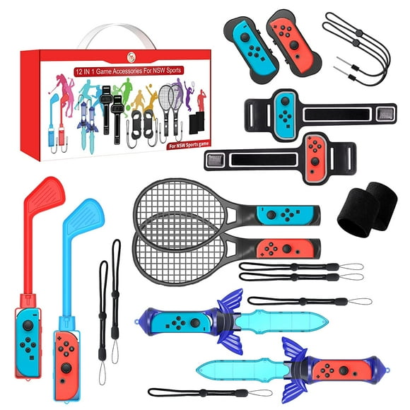 Switch Sports Accessories Bundle-12 in 1 Family Accessories Kit for Nintendo Switch Sports Games:Tennis Rackets,Sword Grips,Golf Clubs,Wrist Dance Bands & Leg Strap,Joy-con Wrist Band