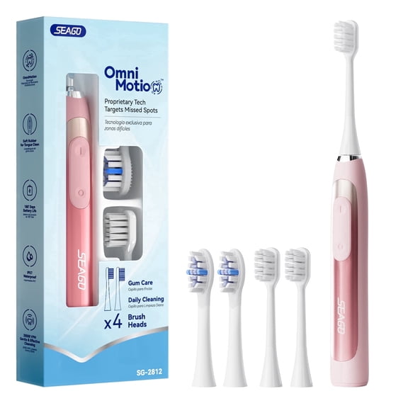 Seago Electric Toothbrush for Adults , 4 Toothbrush Heads,Battery Operated,SG-2812 Pink