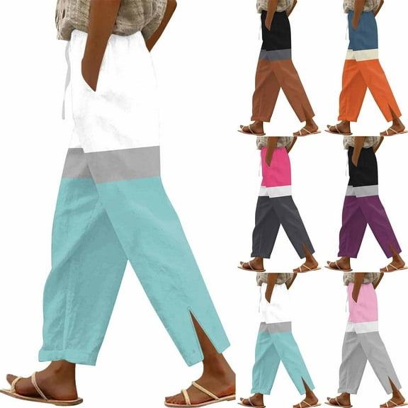Sentmoon Cotton Linen Pants Women Solid Color Drawstring Elastic Waist Wide Leg Cropped Pants for Women Plus Size Loose Fit Women's Summer Pants with Pocket Hawaii for Lounge and Sleep