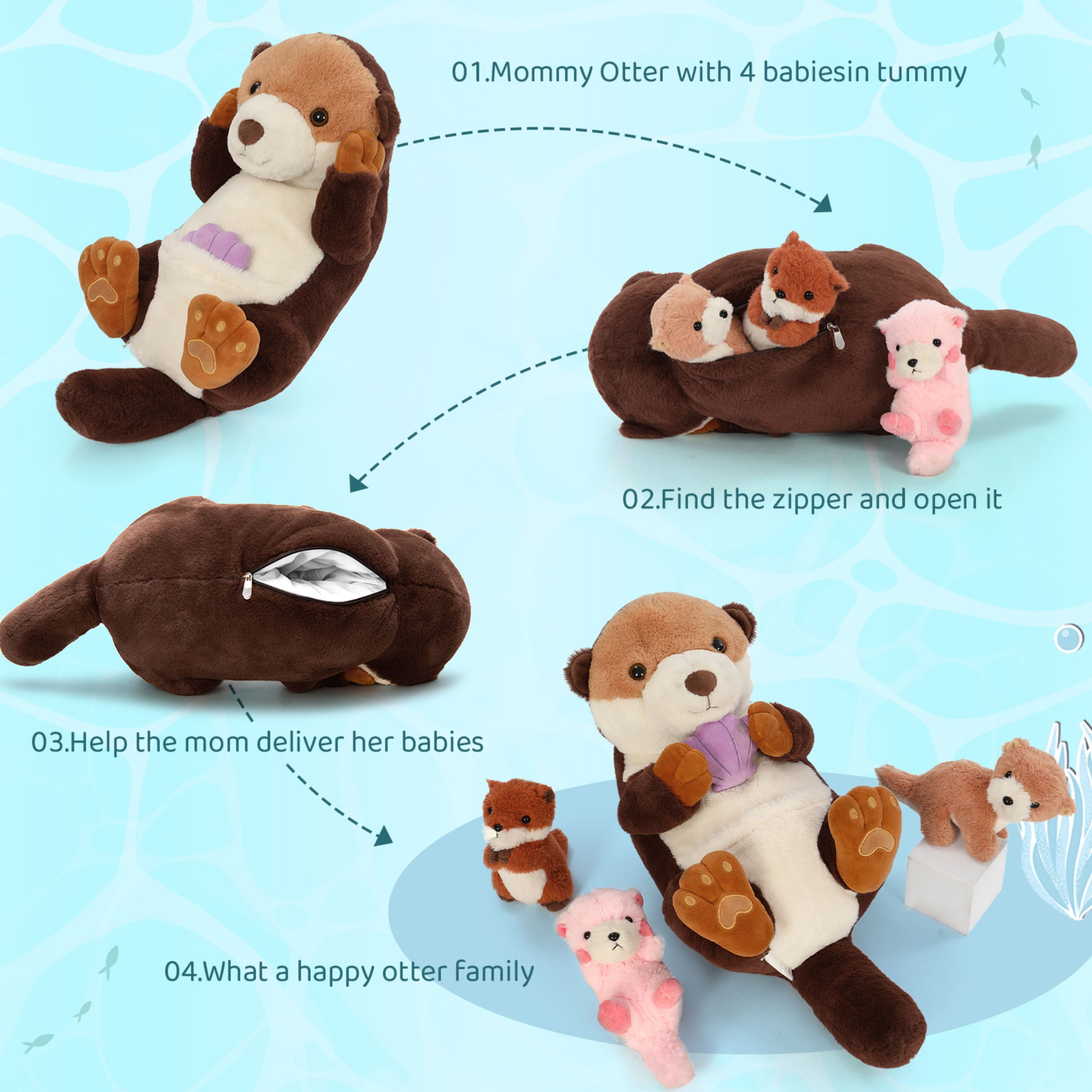 Muiteiur 5 Piece Sea Otter Stuffed Animal with 3 Baby Otter Plush Toys