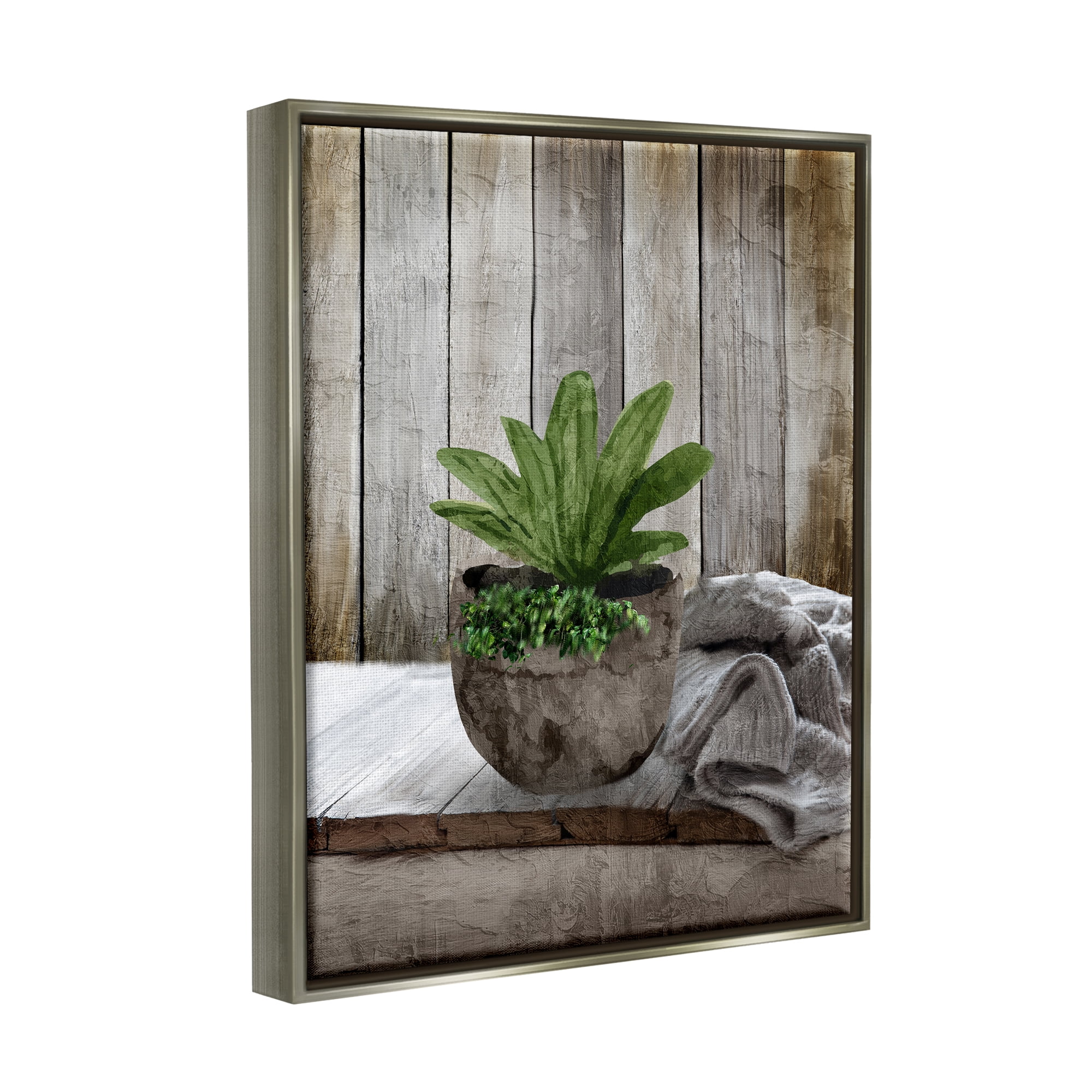 Stupell Industries Cozy Rustic Potted Plant Botanical & Floral Painting Gray Floater Framed Canvas Art Print Wall Art, 25 x 31