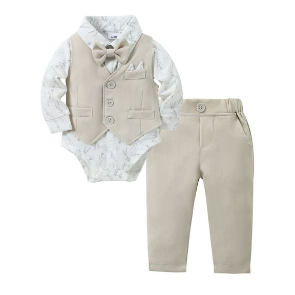 CARETOO Newborn Boy Clothes Suit Formal Outfit Onesie Shirt Tie Waistcoat Pants 4pcs Cotton Fabric