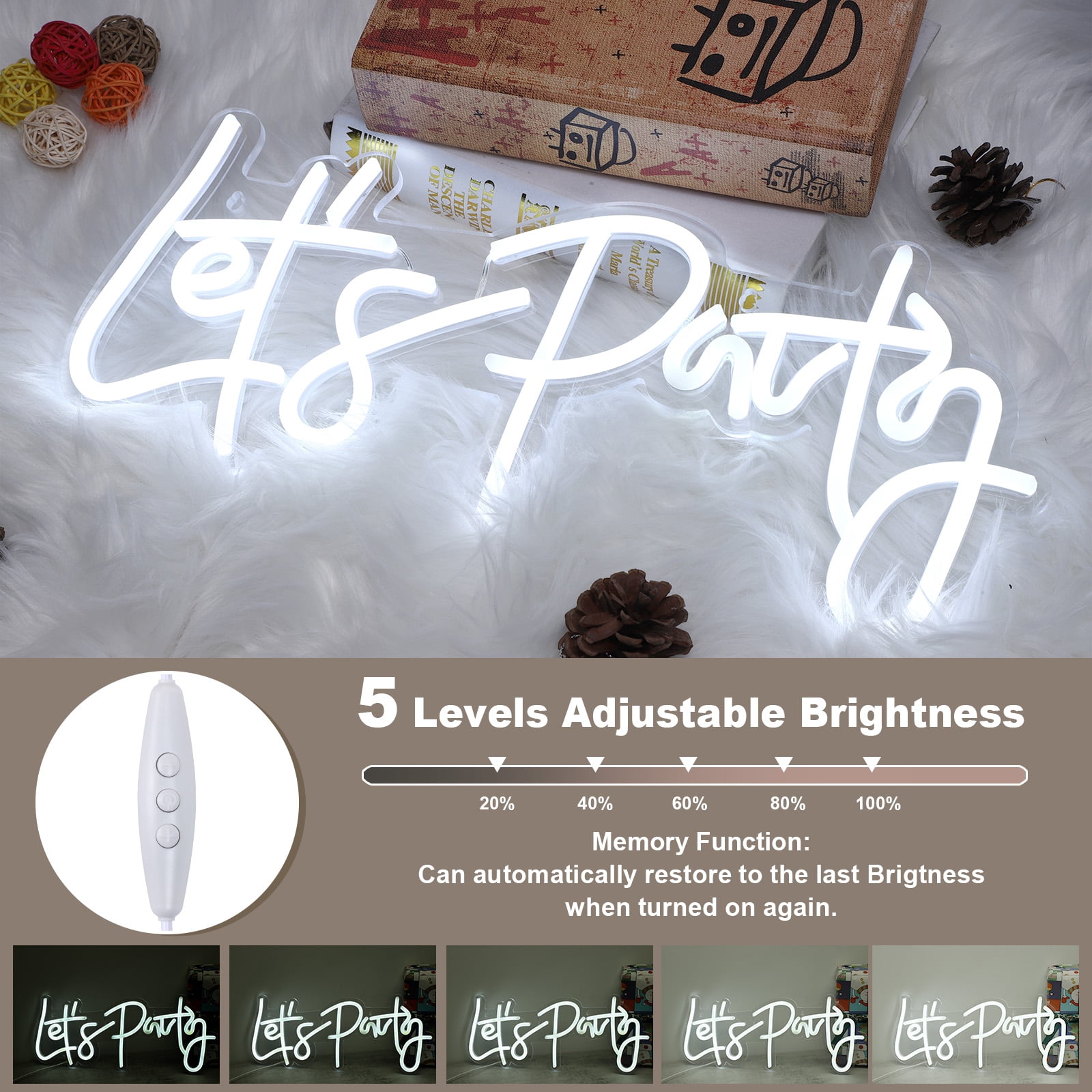 Laybasic Let's Party Neon Sign, Dimmable 15.8"x 7.1" LED Neon Signs for Wall Decor 5 Brightness USB Powered Light Up Signs for Wedding Birthday Party