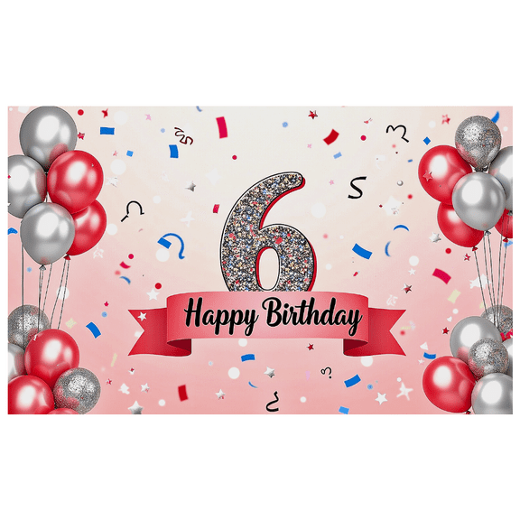 Sparkly Number 6 Happy Birthday Banner with Balloon and Star Elements Party Backdrop Background for Birthday Party Decorations Photography Props and Event Decors
