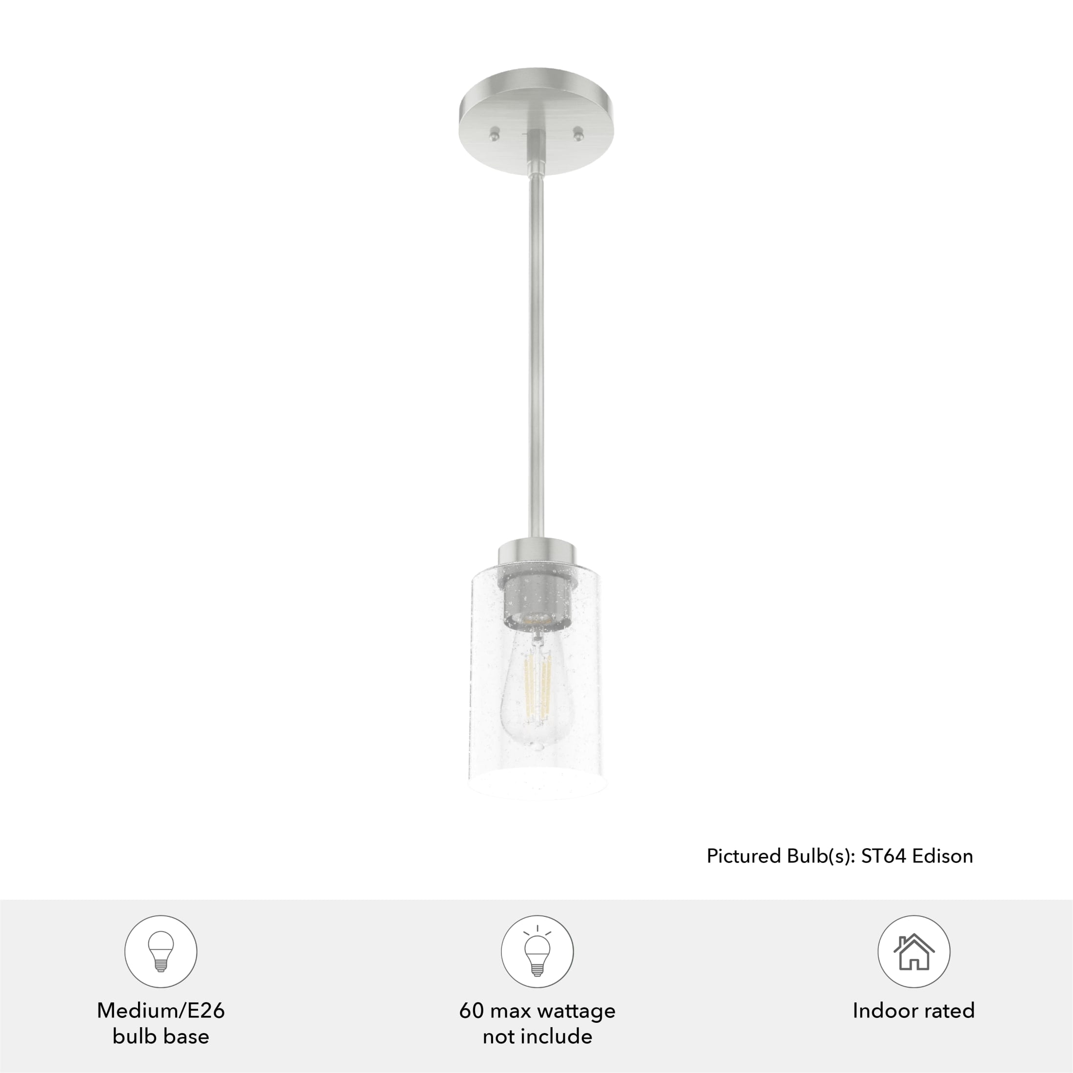 Hunter - Hartland 1-light Brushed Nickel, Mini Pendant Light, Dimmable, Casual Style, Cylinder Shaped, for Bedrooms, Dining, Living Rooms - 19166