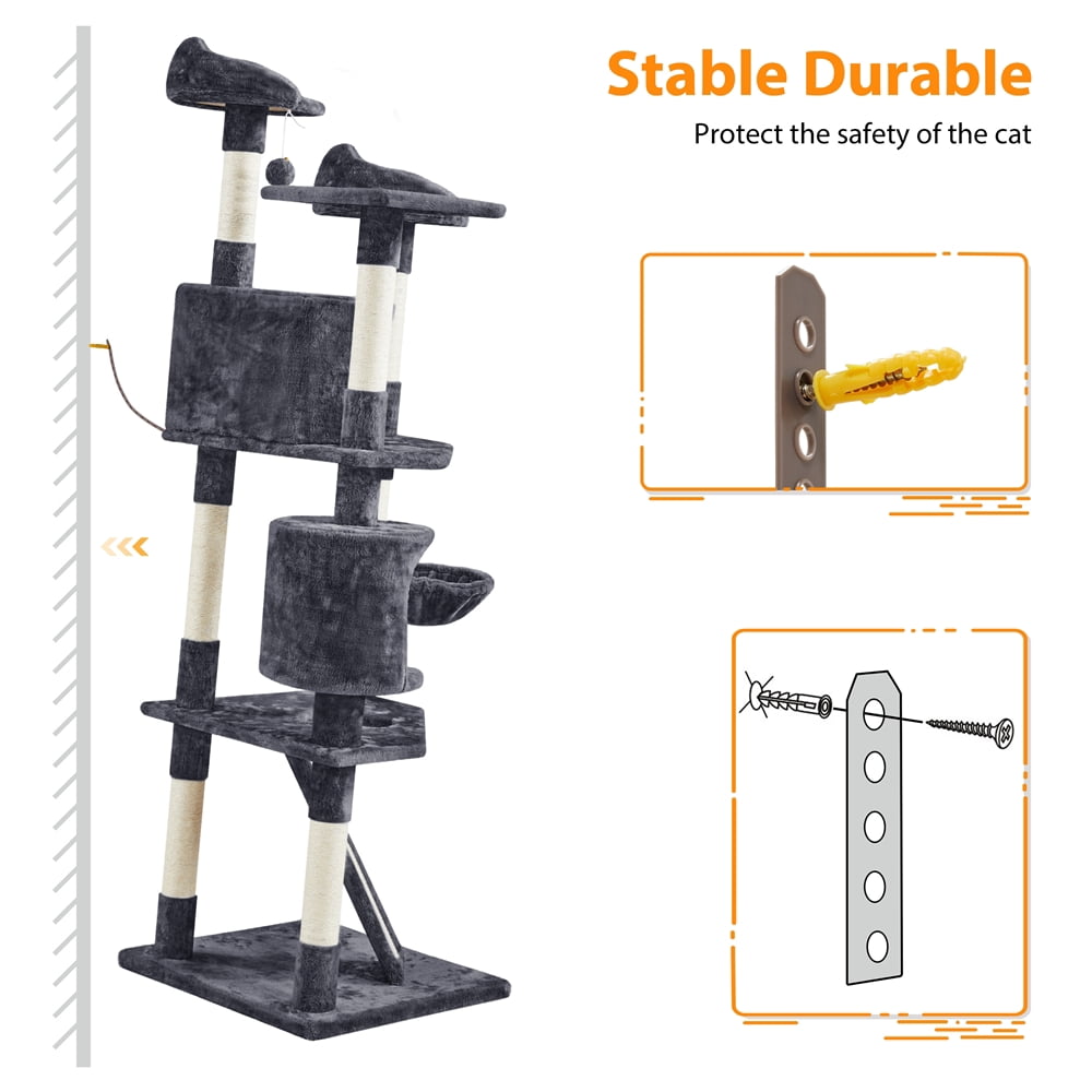 Yaheetech 79'' Multilevel Cat Tree Condo with Basket & Scratching Posts & Ramp, Dark Gray