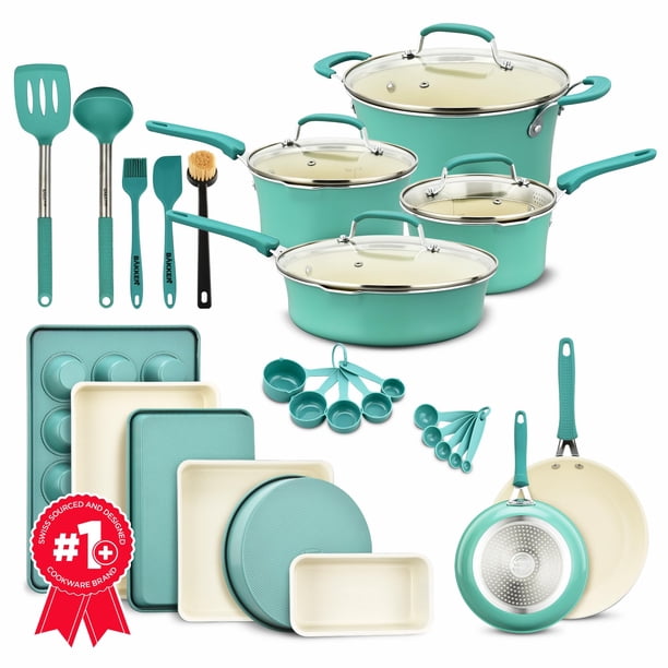 Juego de Baterías de Cocina – 23 Piezas – Ollas Aqua de Varios Tamaños con Tapas, Sartenes y Utensilios para Hornear – Metal de Aluminio Prensado Reforzado – Apto para Gas, Eléctrico, Cerámica e Induc
