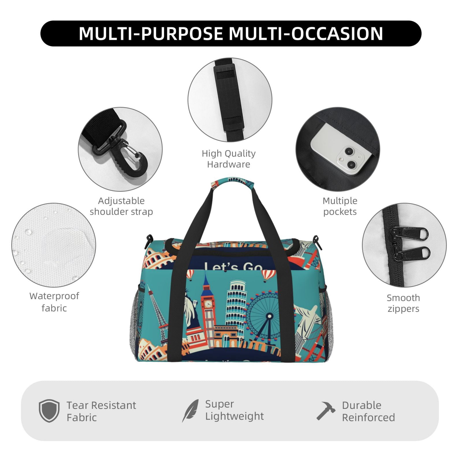 Fuzoiu Let's go Travel Print Travel Duffle Bag,Carry On Tote Bags,Duffel Bag,Sport Gym Bag, Hospital Bag for Labor and Delivery, Overnight Bag,Luggage Bag