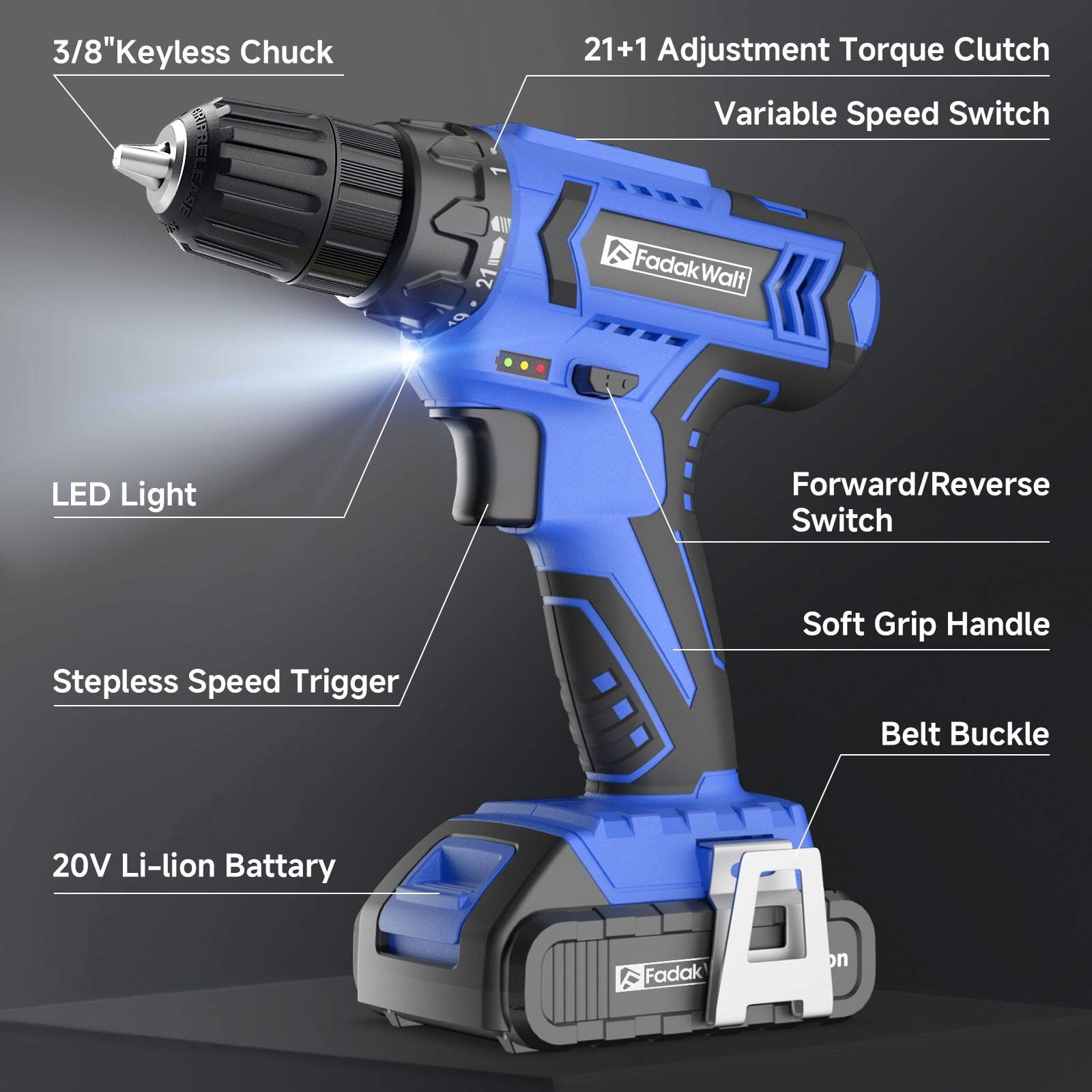 20V MAX Cordless Drill Set with Battery & Charger, 280 in-lbs Power Drill Kit, 2-Speed (0-1400 RPM), 21+1 Torque, 3/8" Keyless Chuck, 30pc Drill/Driver Bits, LED Light for Wood/Metal/Concrete