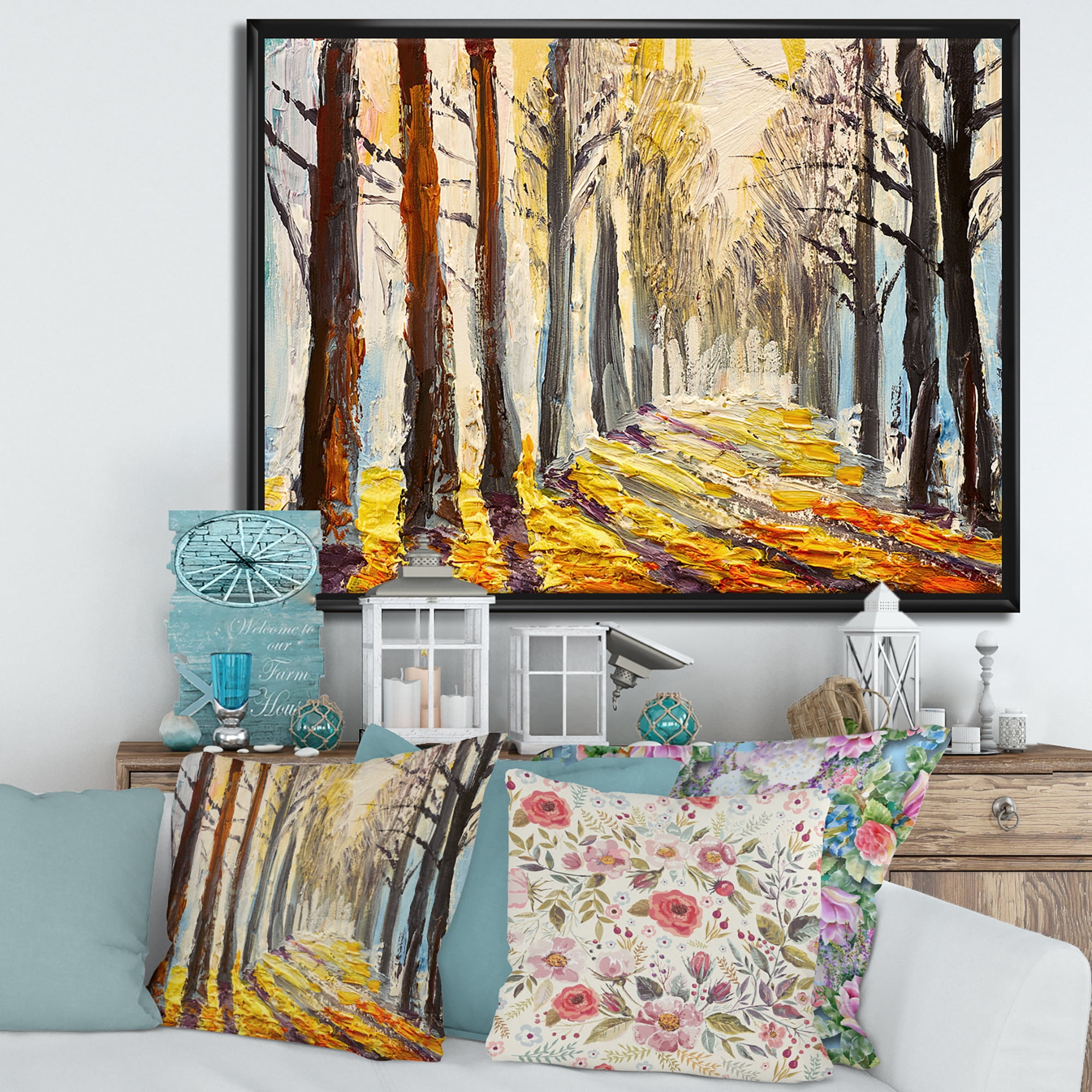 Designart 'Morning Glow Through The Autumn Trees' Lake House Framed Canvas Wall Art Print
