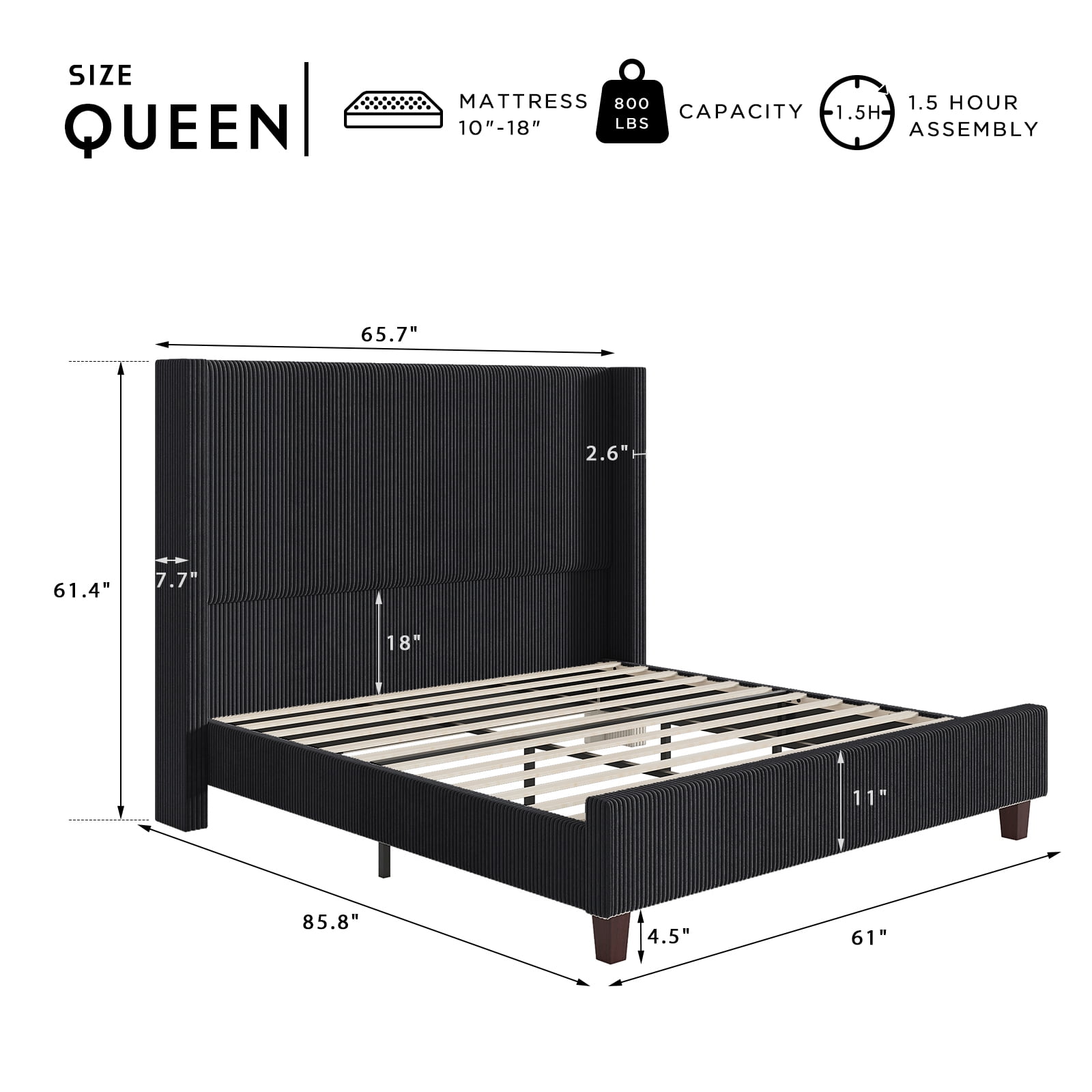 VanAcc Queen Size 61" Corduroy Upholstered Bed Frame with Vertical Stripe Wingback Headboard/Black