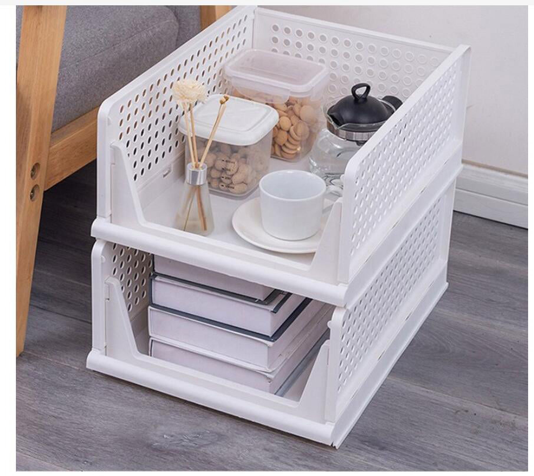 2 Pack Stackable Storage Bins, Foldable Sliding Bins,Plastic Clothes Drawer Organizer Wardrobe Storage Box Shelf Basket for Cabinet,Office, Laundry, Bedroom Closet, White-2L