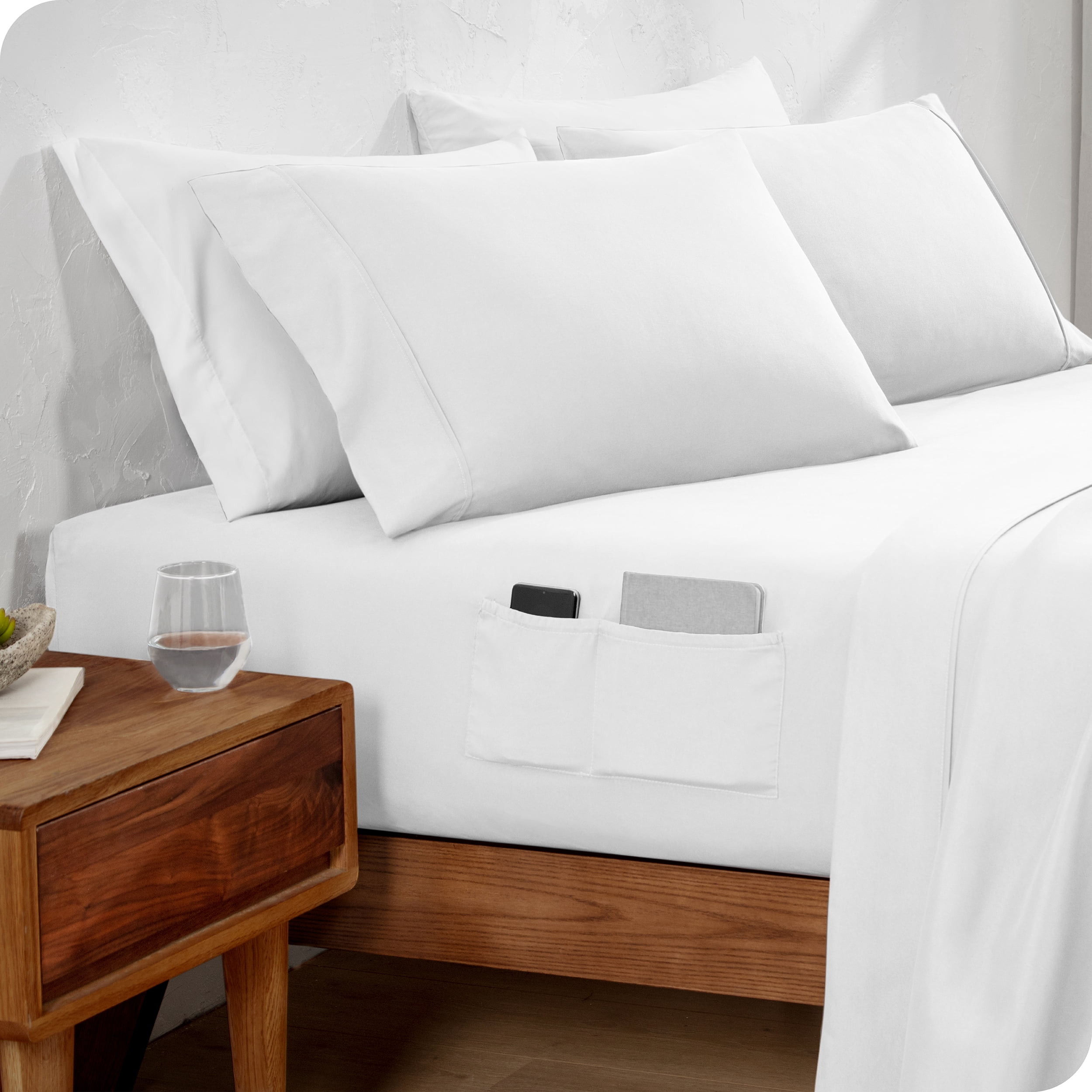 Bare Home Side Pocket Sheet Set - 1800 Ultra-Soft Microfiber - Double Brushed - Deep, Dual Pocket - Sheets \u0026 Pillowcases - Cal King - White