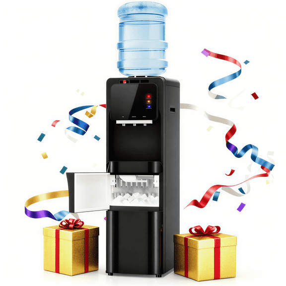 Patiosunny 4-in-1 Water Dispenser with Ice Maker, Hot/Cold/Room Temperature Top-Loading Dispenser, Compatible with 3–5 Gallon Water Bottles, Child Lock, Suitable for Home and Office, Black