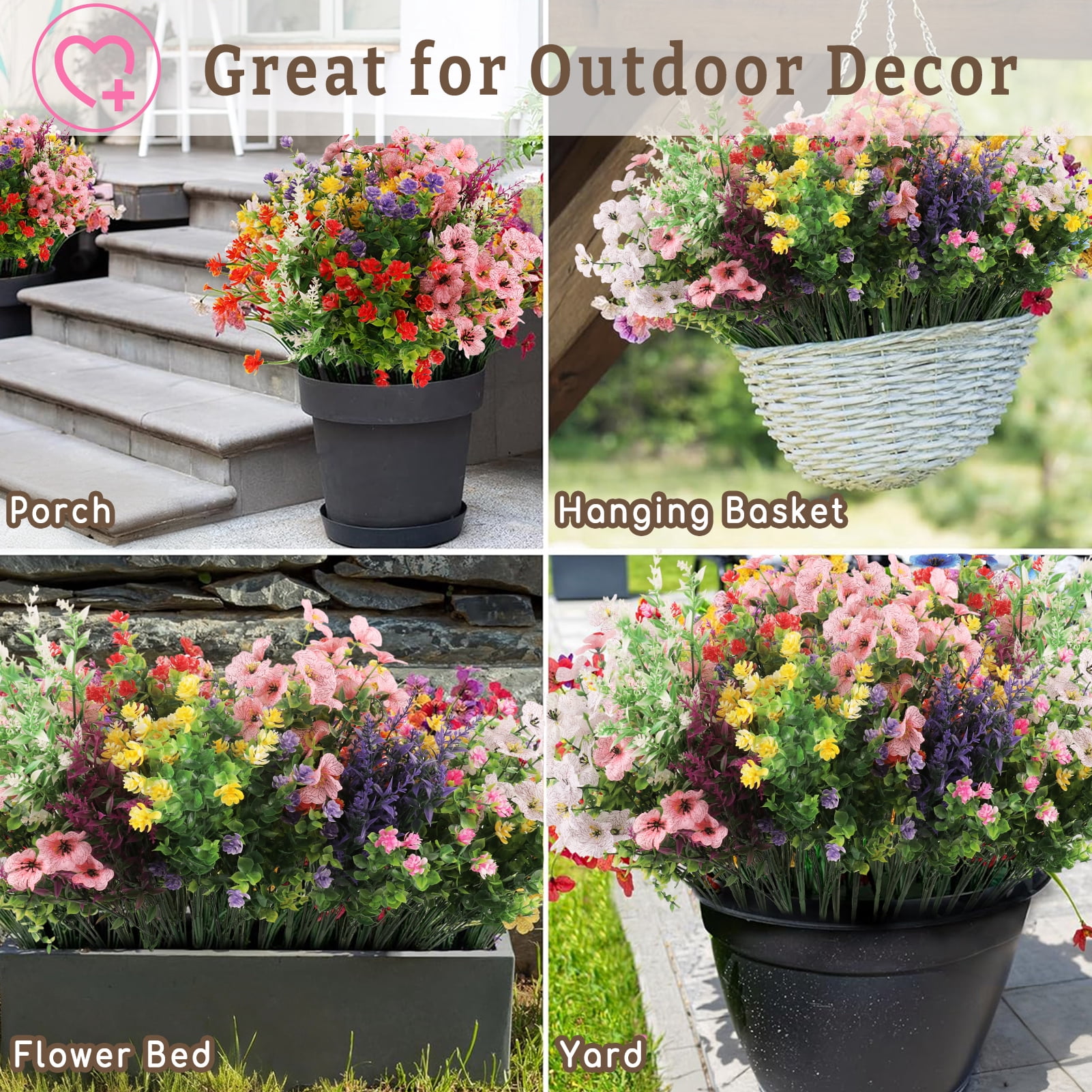 CandWuom 24 Bundles Artificial Flowers for Outdoors/Indoors, Fake Flowers Plants for Indoor Outside Decor Garden Porch Window Box Home Wedding Farmhouse(12 Color)