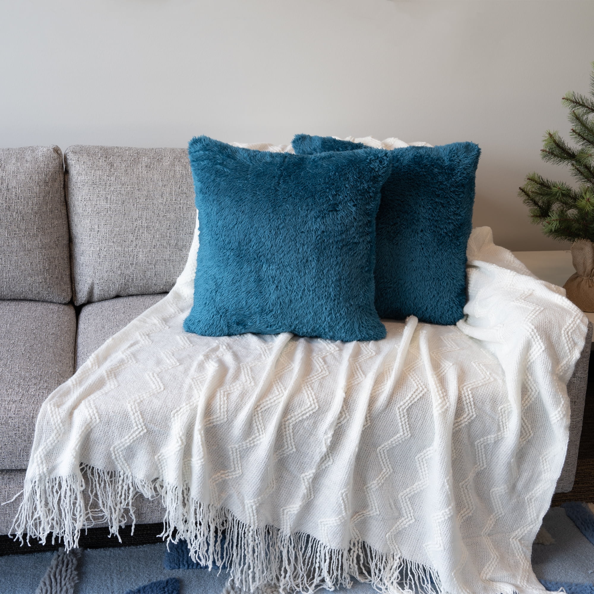 PAVILIA Fluffy Teal Blue Throw Pillow Covers, Decorative Accent
