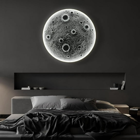32" Realistic Resin Moon Wall Light - Plug-in Dimmable LED Sconce with Remote, 30W Main & 10W Night Light, Meteorite Crater Texture, 1.75" Thick for Home & Commercial Decor