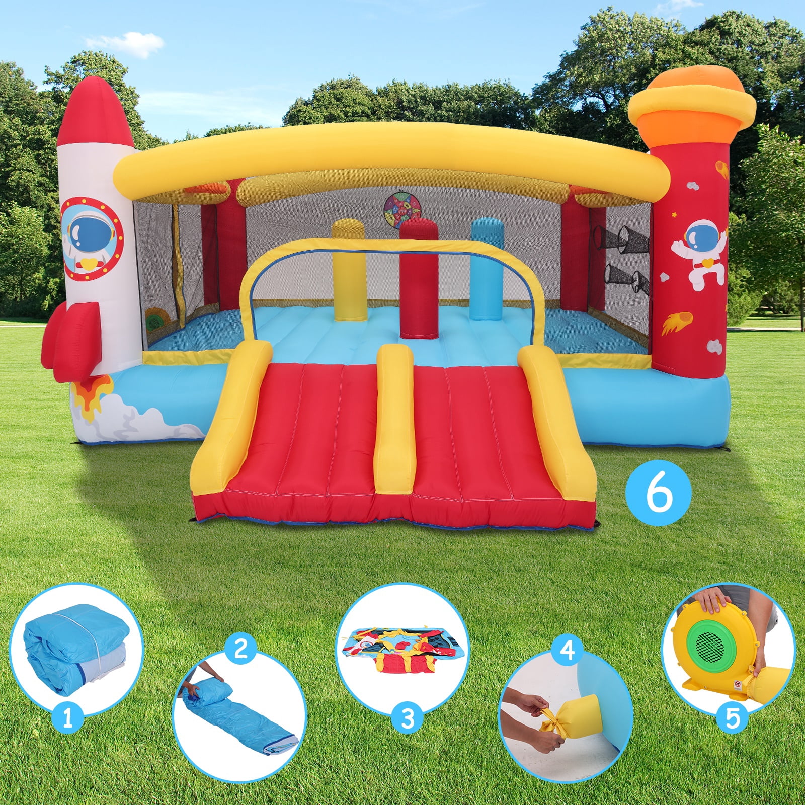 Funcid Inflatable Bounce House Double Slide for Big Kids, 13.1x11.2x7.1ft Inflatable Bounce with 3 Punching Bag Large Space Rocket Blow Up Bouncy Castle Obstacle Course & Blower