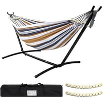 Double Hammock with Stand Included 450lb Capacity Steel Stand, Premium Carry Bag Included.Indoor Outdoor Brazilian-Style Cotton Bed for Backyard, Camping,Garden,Green