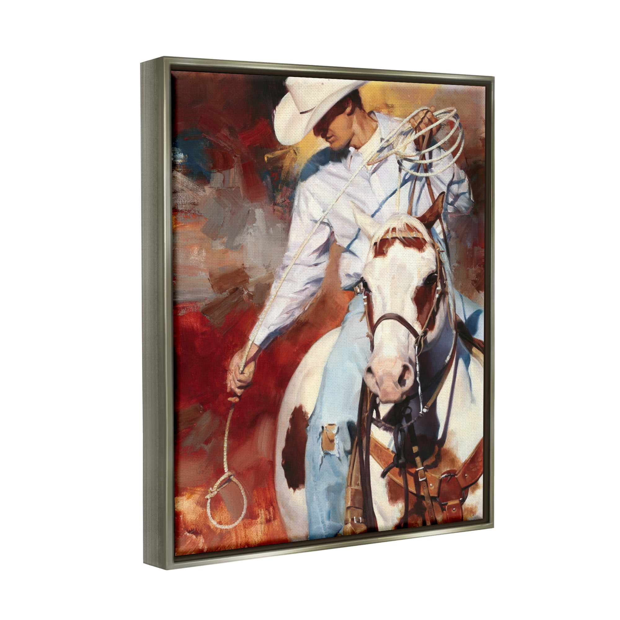Stupell Industries Cowboy & Lasso Painting Animals & Insects Painting Gray Floater Framed Art Print Wall Art, 17 x 21