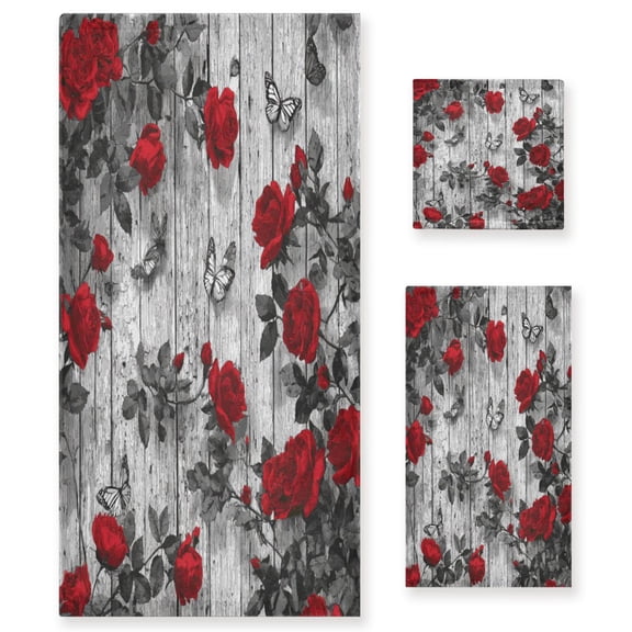 3 Piece Bath Towels Set Bath Towel, Hand Towel and Face Towel for Bathroom, Gym, Hotel Red Roses and Butterflies
