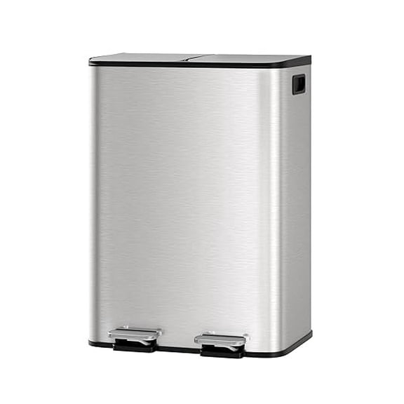 2 x 8 Gallon Stainless Steel Double Trash Can with Lid for Kitchen, Large Dual Trash and Recycle Bin Combo, Step-on Kitchen Metal Garbage Cans, PP Inner Buckets, Liner Rim, Matte Silver