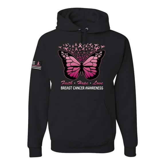 Wild Bobby Faith Hope Love Butterfly Ribbons US Flag Breast Cancer Awareness Unisex Hoodie Sweatshirt, Black, Small