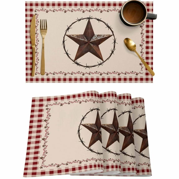 Country Star Red Plaid Placemats Set of 4,Wipeable Washable Table Mats for Dining Tables,Western Texas Farm Style Place Mats for Kitchen Event Party Tabletop Decor