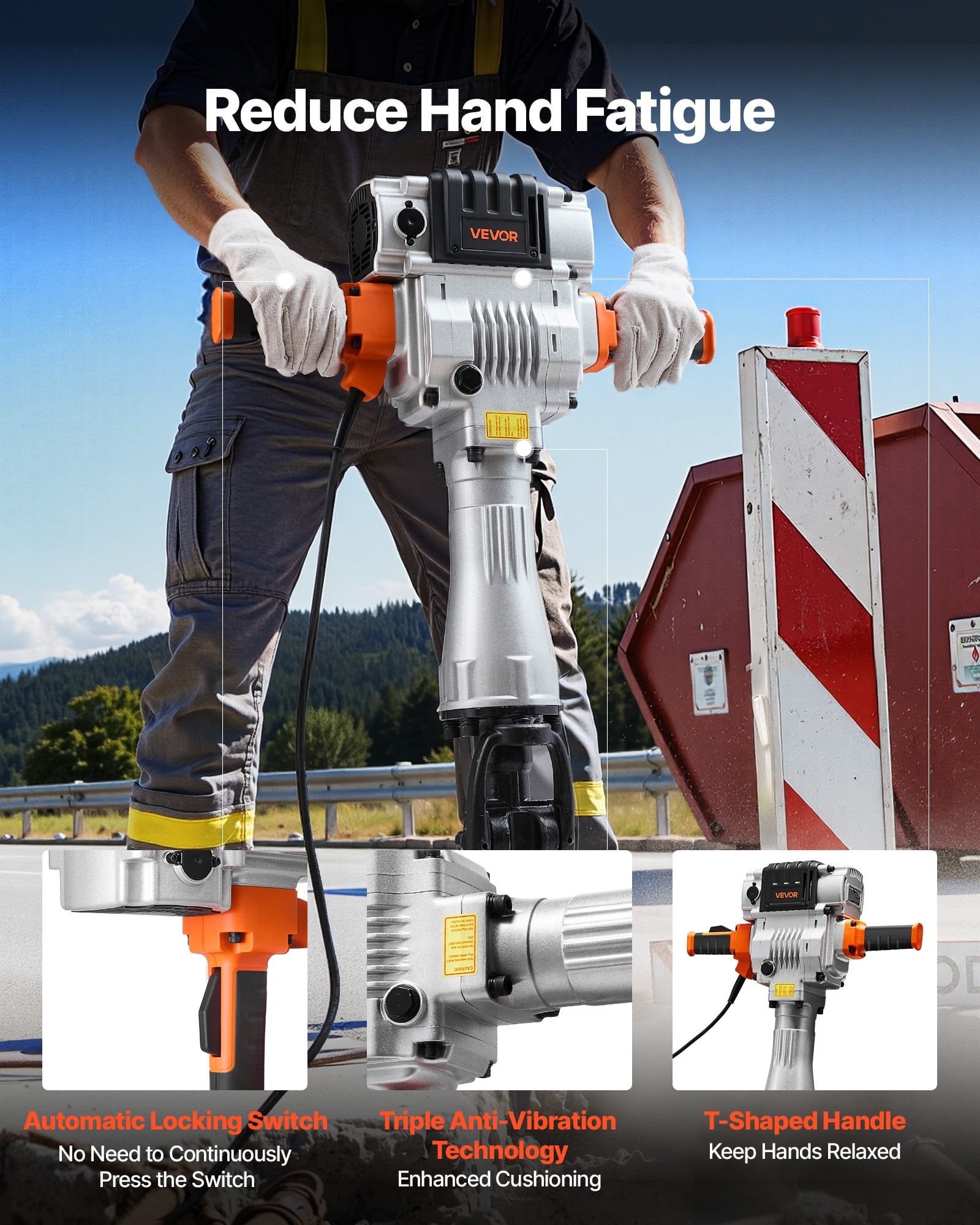 VEVOR Demolition Jack Hammer, 2100 W Powerful Electric Jackhammer, 1650 BPM Concrete Breaker with 2 Point Chisels, 2 Flat Chisels, Hand Trolley, Gloves, for Concrete, Wall, Brick, Tile and Foundation