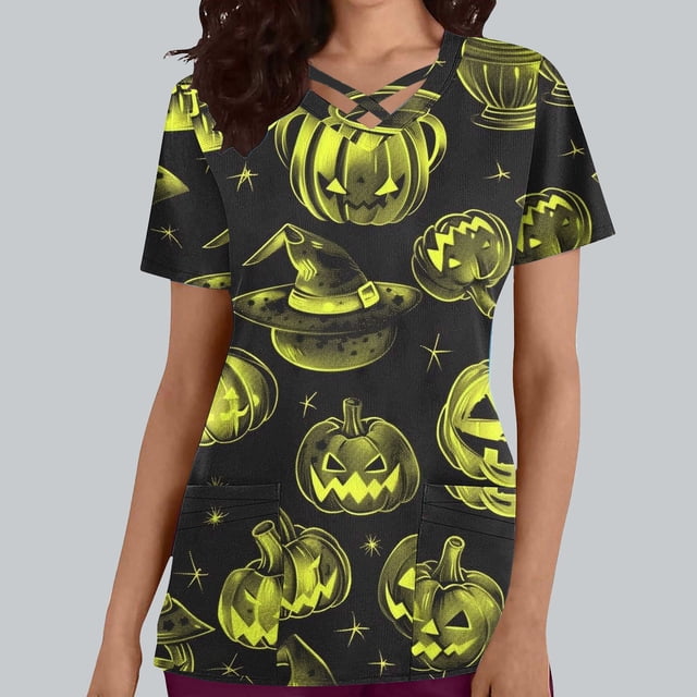 Puntoco Top de lactancia informal con cuello en V, manga corta y estampado de Halloween para mujer